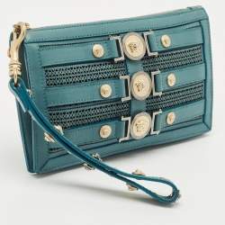 Pre Owned Versace Stone Blue Leather Medusa Wristlet Pouch