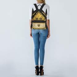 Pre Owned Versace Black/Yellow Medusa Print Nylon and Leather Backpack