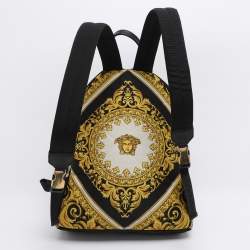 Pre Owned Versace Black/Yellow Medusa Print Nylon and Leather Backpack