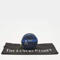 Pre Owned Versace Blue Coated Canvas and Leather La Greca Zip Round Pouch