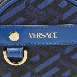 Pre Owned Versace Blue Coated Canvas and Leather La Greca Zip Round Pouch