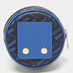 Pre Owned Versace Blue Coated Canvas and Leather La Greca Zip Round Pouch