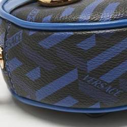 Pre Owned Versace Blue Coated Canvas and Leather La Greca Zip Round Pouch