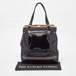 Pre Owned Versace Black/Beige Medusa Print Fabric and Patent Leather Front Pocket Tote