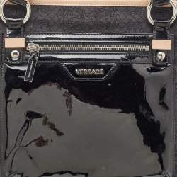 Pre Owned Versace Black/Beige Medusa Print Fabric and Patent Leather Front Pocket Tote