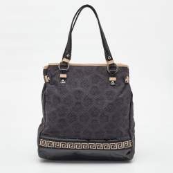Pre Owned Versace Black/Beige Medusa Print Fabric and Patent Leather Front Pocket Tote