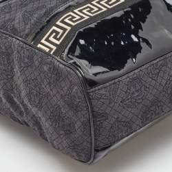 Pre Owned Versace Black/Beige Medusa Print Fabric and Patent Leather Front Pocket Tote