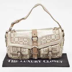 Pre Owned Versace Beige/Metallic Signature Canvas and Leather Double Pocket Flap Bag