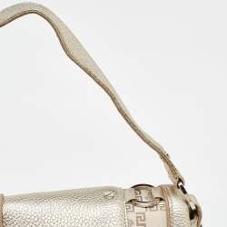 Pre Owned Versace Beige/Metallic Signature Canvas and Leather Double Pocket Flap Bag