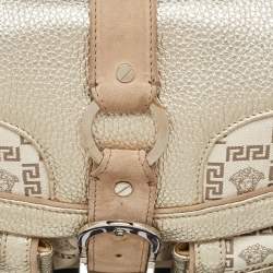 Pre Owned Versace Beige/Metallic Signature Canvas and Leather Double Pocket Flap Bag
