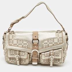 Pre Owned Versace Beige/Metallic Signature Canvas and Leather Double Pocket Flap Bag