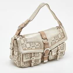 Pre Owned Versace Beige/Metallic Signature Canvas and Leather Double Pocket Flap Bag