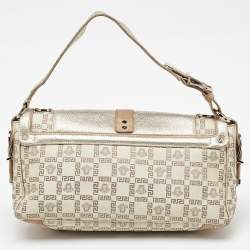 Pre Owned Versace Beige/Metallic Signature Canvas and Leather Double Pocket Flap Bag
