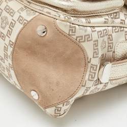 Pre Owned Versace Beige/Metallic Signature Canvas and Leather Double Pocket Flap Bag