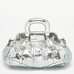 Pre Owned Versace Bluish Silver Python Frame Satchel