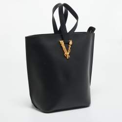 Pre Owned Versace Black Leather Large Virtus Bucket Bag