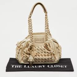 Pre Owned Versace Metallic Gold Woven Leather Chain Link Satchel