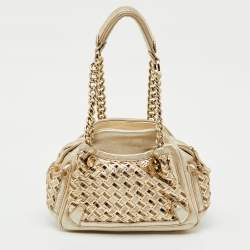 Pre Owned Versace Metallic Gold Woven Leather Chain Link Satchel