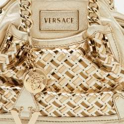 Pre Owned Versace Metallic Gold Woven Leather Chain Link Satchel