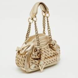 Pre Owned Versace Metallic Gold Woven Leather Chain Link Satchel
