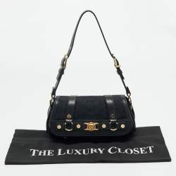 Pre Owned Versace Black Monogram Fabric and Leather Medusa Studded Shoulder Bag