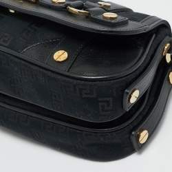 Pre Owned Versace Black Monogram Fabric and Leather Medusa Studded Shoulder Bag