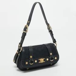 Pre Owned Versace Black Monogram Fabric and Leather Medusa Studded Shoulder Bag