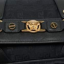 Pre Owned Versace Black Monogram Fabric and Leather Medusa Studded Shoulder Bag