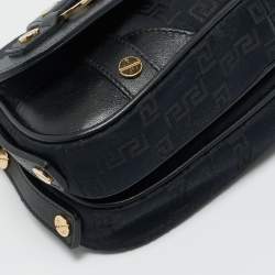 Pre Owned Versace Black Monogram Fabric and Leather Medusa Studded Shoulder Bag