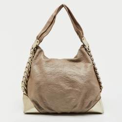 Pre Owned Versace Metallic Beige/Gold Leather Chain Link Flap Hobo