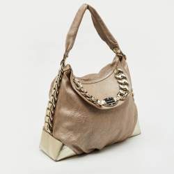 Pre Owned Versace Metallic Beige/Gold Leather Chain Link Flap Hobo