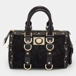 Pre Owned Versace Black Satin and Leather Plisse Snap Out Of It Satchel