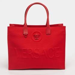 Pre Owned Versace Red Canvas and Leather La Medusa Logo Shopper Tote