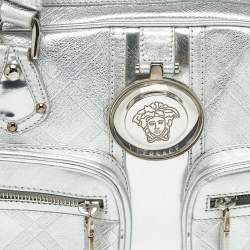 Pre Owned Versace Silver Monogram Embossed Leather Medusa Pocket Satchel