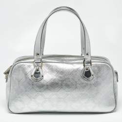 Pre Owned Versace Silver Monogram Embossed Leather Medusa Pocket Satchel