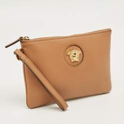 Pre Owned Versace Brown Leather Medusa Wristlet Pouch