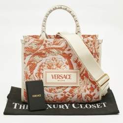 Pre Owned Versace Orange/Pink Canvas and Raffia Small Barocco Athena Tote