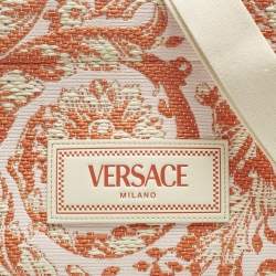 Pre Owned Versace Orange/Pink Canvas and Raffia Small Barocco Athena Tote