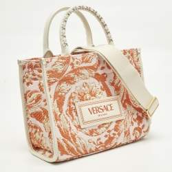 Pre Owned Versace Orange/Pink Canvas and Raffia Small Barocco Athena Tote