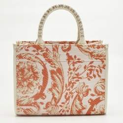 Pre Owned Versace Orange/Pink Canvas and Raffia Small Barocco Athena Tote
