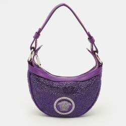 مملوكة مسبقًا Versace Repeat Crystal Studded Mini Purple Satin Hobo