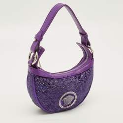 مملوكة مسبقًا Versace Repeat Crystal Studded Mini Purple Satin Hobo