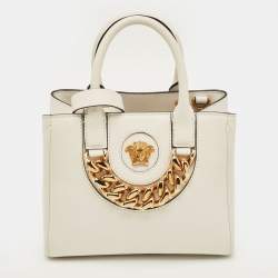 Pre Owned Versace La Medusa Chain White Leather Tote
