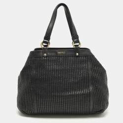 مملوكة مسبقًا Versace Stripe Black Leather and Raffia Trim Tote