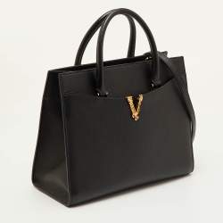 Pre Owned Versace Virtus Black Pebbled Leather Tote