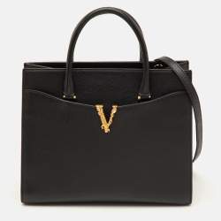 Pre Owned Versace Virtus Black Pebbled Leather Tote
