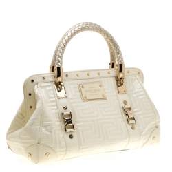 Pre Owned Versace Cream Quilted Patent Leather Snap Out Of It Satchel