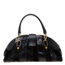 Pre Owned حقيبة فرساتشي شراشيب سويدي وشعر عجل وجلد ثعبان وجلد تمساح سوداء