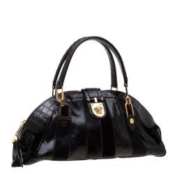 Pre Owned حقيبة فرساتشي شراشيب سويدي وشعر عجل و جلد ثعبان وجلد تمساح سوداء