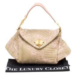 Versace Beige/Pink Quilted Barocco Leather Top Handle Bag